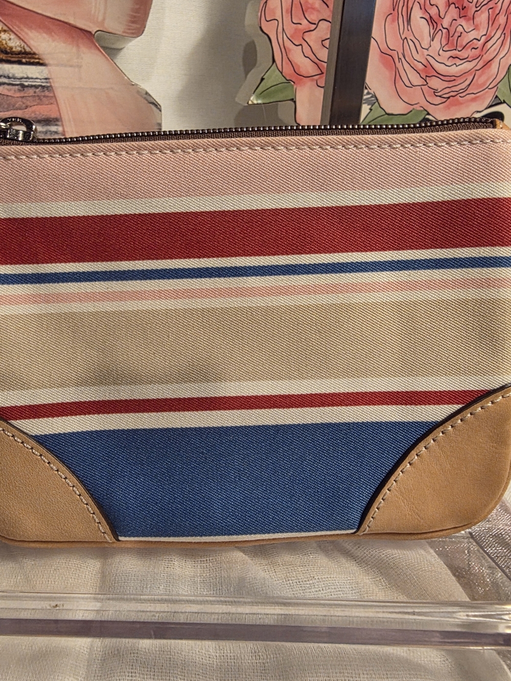 Coach Striped Canvas Wristlet in Blue, Red, Pink, Cream & Tan - Picture 2 of 6